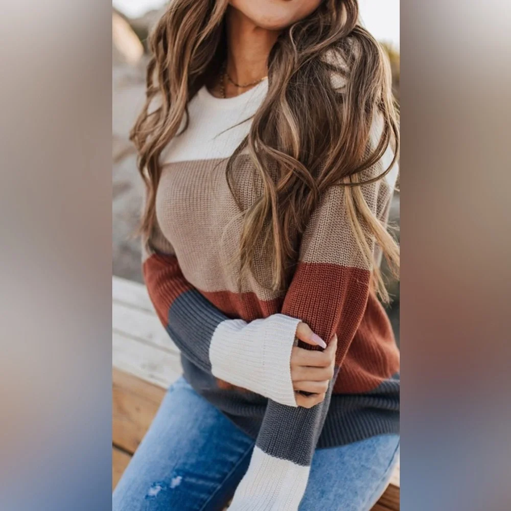 Color Block Knitted O-neck Pullover Sweater - Picture 1 of 3
